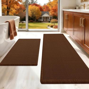 Imagem de Conjunto de tapetes de banho waffle atualizados, 2 peças, marrom, super absorvente, antiderrapante, secagem rápida, tapetes de banheiro com borlas, laváveis à máquina, tapetes de banheiro ultra macios
