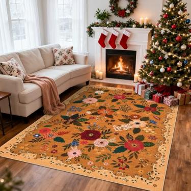 Imagem de GarveeHome Tapetes de área 20 x 25 cm Boho Floral Antiderrapante Pelo Baixo Lavável à Máquina Tapete Grande para Sala de Estar, Quarto, Casa de Fazenda, Sala de Jantar, Sala de Jogos Infantil, Laranja