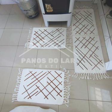 Imagem de Jogo Passadeira Com Nozinho 03 Peças Jogo De Tapete Para Cozinha Geometrico 100% Algodão Modelo Linhas Caramelo