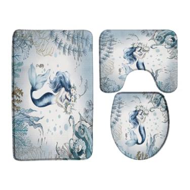 Imagem de JIRGIXA Conjunto de 3 peças de tapete de banho sereia azul oceano polvo coral recife peixe náutico subaquático bonito sereia para meninas 41 x 61 cm tapete de banheiro/tapete, capa de assento de vaso