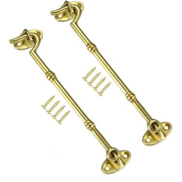 Imagem de Gancho e olhal trinco parafuso portão trava de gancho de portão, ganchos de cabine de 15 cm trava porta portão giratório janela gancho de latão com parafusos de montagem dourado 2 peças botão