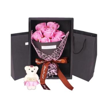 Imagem de Bouquet De Rosas Artesanal Com 7 Cabeças E Caixa De Presente Com Urso 