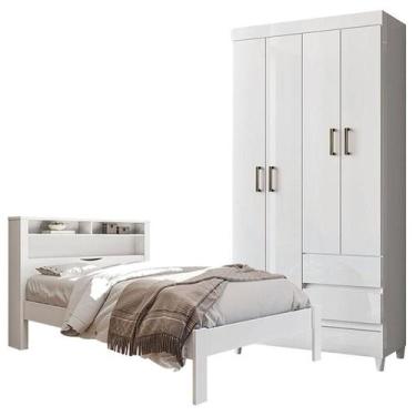 Imagem de Cama Casal Invicta com Guarda Roupa Fit 4 Portas Com Pés Branco Brilho