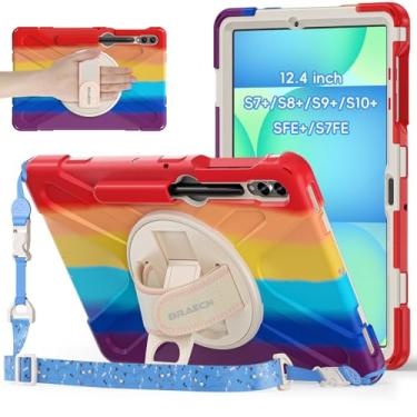 Imagem de BRAECNstock Capa infantil para Samsung Galaxy Tab S10+, S9+, S9 FE+, S8+, S7+, S7 FE 5G de 12,4 polegadas, capa resistente à prova de choque com suporte para caneta, alça de mão e suporte rotativa de