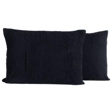 Imagem de Par De Fronhas Porta Travesseiros Em Sherpa Colorida 70cm X 50cm - Toque Lã De Carneiro Luxo Para Inverno Cor Preto