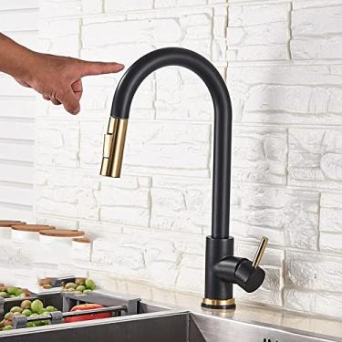 Imagem de Torneira de cozinha de toque inteligente escovado ouro torneiras sensor de sondagem preto/níquel 360 guindaste de rotação 2 torneiras misturadoras de água, preto escovado ouro b, china