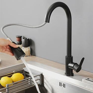 Imagem de Torneira de cozinha de manípulo único preto/níquel escovado misturador removível torneira de água quente e fria montagem de convés, preto fosco