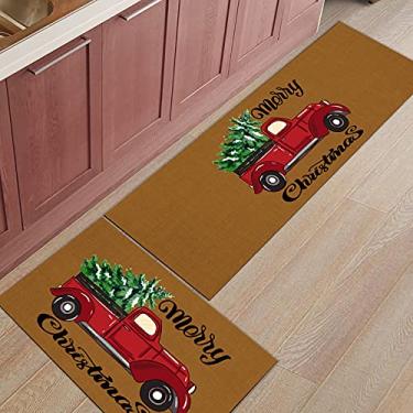 Imagem de Tapete de corredor de cozinha, Feliz Natal, desenho de caminhão vermelho com árvore verde marrom antiderrapante tapete de corredor tapete de porta tapete para lavanderia, banheiro, quarto, conjunto de 2