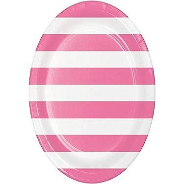 Imagem de Pratos de papel de jantar rosa doce com bolinhas e listras - 8 peças