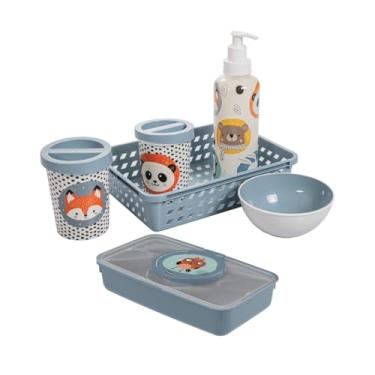 Imagem de Kit Higiene Infantil 6 Peças Porta Lenço Umedecido Cotonete Cesto Bebê Uso Diário (Azul Bichinhos)