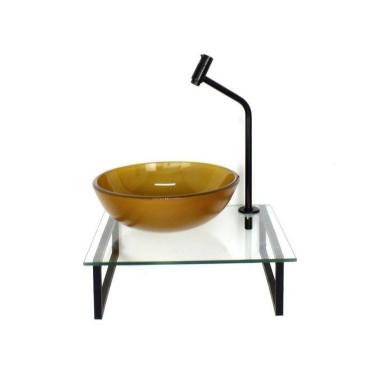 Imagem de Kit Cuba de Vidro Redonda 1cm com Tampo 40cm e Suporte Dourado