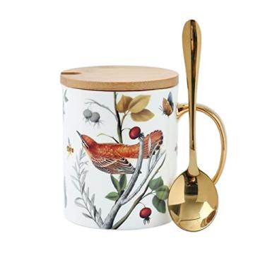 Imagem de Caneca 300 ml Caneca criativa pintada à mão caneca de osso china escritório casa grande capacidade café da manhã copo de leite com tampa colher caneca de café (cor: B)