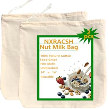 Imagem de Pacote com 2 sacos de leite de nozes XXL 35,56 cm x 35,56 cm - Panos de queijo de algodão natural cru | Coador de gaze reutilizável para leite de amêndoa/aveia/soja, suco, café frio, iogurte, vinho