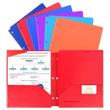 Imagem de Habgp Pastas de plástico com bolsos, pastas de bolso para fichário perfurado de 3 furos, 6 cores resistentes tamanho carta bolsos de arquivo pastas para documentos, escritório, escola, pacote com 6