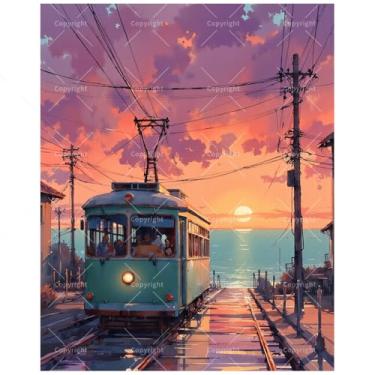Imagem de TAOPAOLAB Kit de pintura por números de viagem de bonde para adultos - DIY Sunset Train by The Sea Pintura em tela 41 x 50 cm, conjunto de tinta acrílica, adequado para iniciantes, arte para decoração