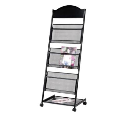 Imagem de Porta-revistas de ferro móvel preto de 3/4 camadas com rodas, suporte de exibição de folheto de chão para escritórios, lojas de varejo, feiras - Organizador elegante e funcional