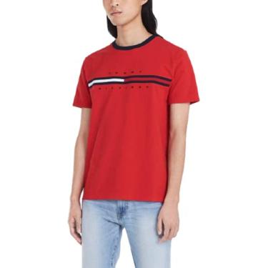 Imagem de Tommy Hilfiger Camiseta masculina de manga curta com estampa listrada, Vermelho maçã, GG