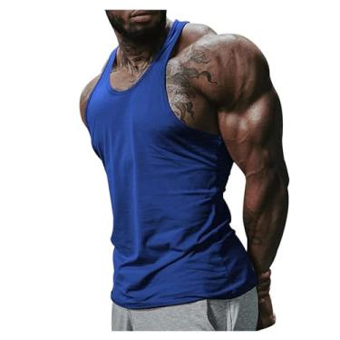 Imagem de Camiseta regata masculina, gola redonda, cor sólida, costas estilo nadador e caimento justo, sem mangas, Azul, XXG
