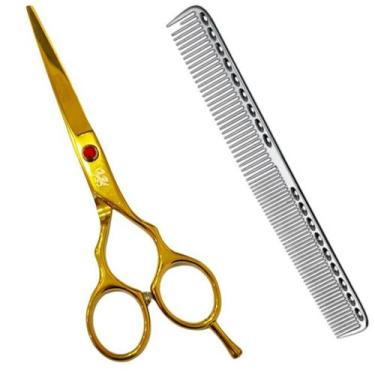 Imagem de Tesoura Fio Laser 6.0 Dourada Pente De Metal Para Cabelo - Obopekal