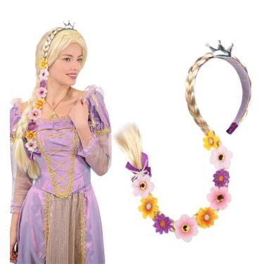 Imagem de TEBIEKOY Peruca trançada longa princesa Rapunzel com flores para fantasia de festa, acessórios de cabelo