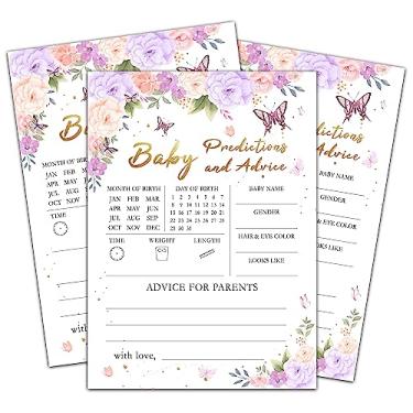 Imagem de Jogo de chá de bebê para meninas - Previsões e conselhos de borboleta roxa, decorações florais para festas reveladoras de gênero, 12,7 cm x 17,8 cm dupla face (30 jogos)-A01