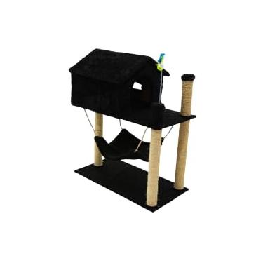 Imagem de Arranhador para Gatos com Casinha e Rede, 84 cm Altura x 61 cm Comprimento, Base Dupla, 4 Postes com Sisal (Preta)