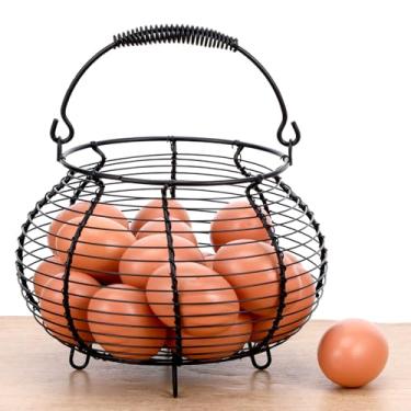 Imagem de Cesta de ovos para coletar ovos frescos, cestas de coleta de ovos com alça retrô, cesta de ovos de arame redondo, cestas de ovos de galinha para fazenda