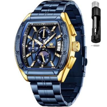 Imagem de OLEVS Relógio masculino analógico de quartzo cronógrafo quadrado relógio masculino de aço inoxidável ou pulseira de couro à prova d'água luminoso data relógio masculino, Dourado, azul, relógio