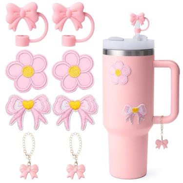 Imagem de 8 peças de acessórios para copos Stanley, acessórios Stanley | 2 peças de enfeite de canudo de laço de silicone, 2 pingentes de alça de laço, 2 peças de garrafas de água, adesivos para decoração (rosa