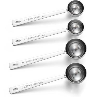 Imagem de 4 colheres de colher de café, 1 e 2 colheres de sopa, colheres de sopa de aço inoxidável de 15 e 30 ml, colheres medidoras de cabo longo, adequadas para moer café, leite em pó, chá solto, pó