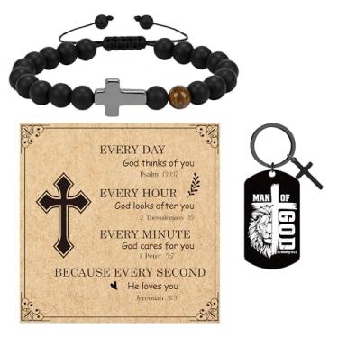 Imagem de Silkovahamd Presentes Cristãos Religiosos para Homens - Chaveiro Pulseira Cruz Homem de Deus, Versículo da Bíblia Presentes Inspiradores para Ele Namorado Pai Filho Natal Dia dos Namorados
