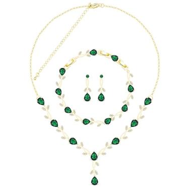 Imagem de ZCGJWE Conjunto de joias para mulheres, noiva, dama de honra, festa de casamento, formatura, brincos, pulseira, presente para mãe, esposa, amiga, Latão, Esmeralda sintética