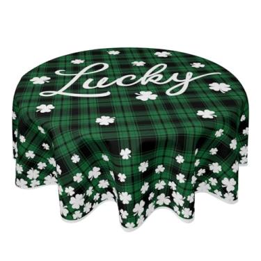 Imagem de Toalha de mesa xadrez para Dia de São Patrício redonda 177 cm, branco, verde, preto, búfalo, dama, trevo da sorte, decorativa, casa de fazenda de São Patrício, para festa interna, cozinha, jantar