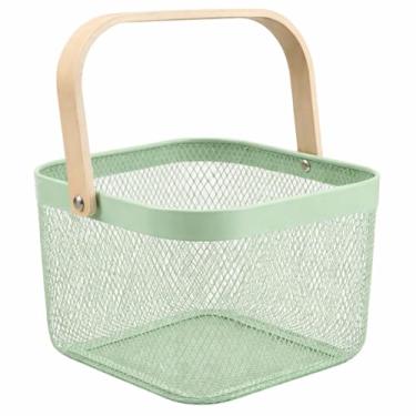 Imagem de Cesto Organizador Multiuso com Alça de Bambu – Fruteira, Revisteiro e Organizadores para Cozinha, Escritório e Lavanderia(Verde)