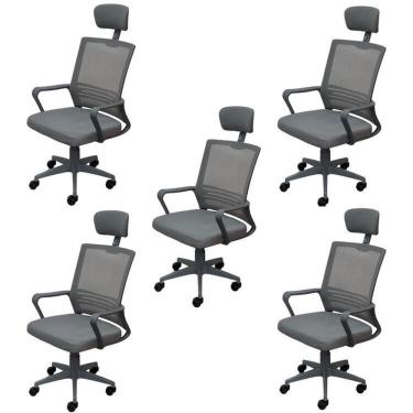 Imagem de Kit 5 Cadeiras para Escritório Presidente Lyon Alta em Tela Mesh Cinza
