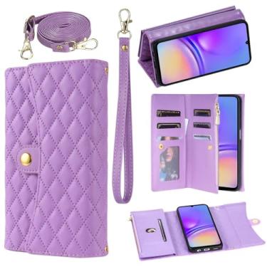 Imagem de Asuwish Capa de telefone para Samsung Galaxy A05 capa carteira com alça de pulso couro flip zíper suporte para cartão de crédito suporte celular Ao5 A 05 mulheres homens roxo
