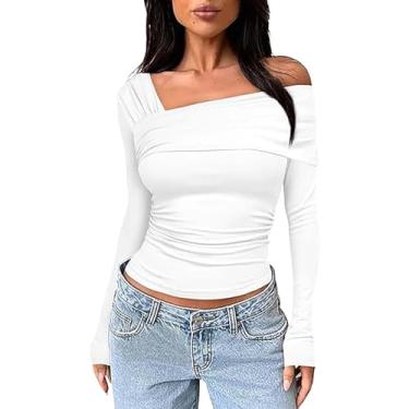 Imagem de Camiseta feminina Y_2k com ombro de fora, manga comprida, franzida, caimento justo, camiseta lisa, Branco, M