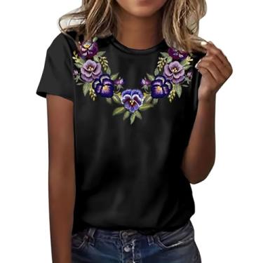 Imagem de Camiseta feminina de conscientização de Alzheimers roxo floral blusa verão casual solta blusa manga curta gola redonda túnica, Preto, M