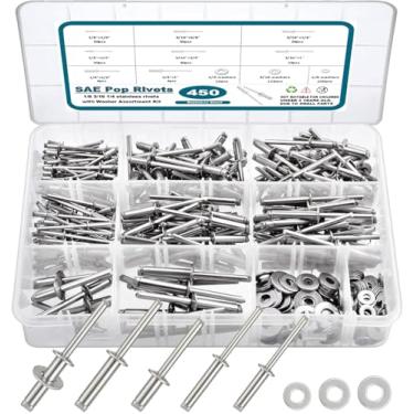 Imagem de SATANTECH Kit sortido de 450 rebites pop de aço inoxidável 304 com arruelas, rebites cegos sortidos de 1/20.3 cm, 3/40.6 cm 1/10.2 cm, 8 tamanhos SAE, faça você mesmo/casa/reparos automotivos