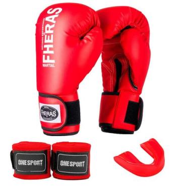 Imagem de Kit Luva de Boxe Muay Thai Fheras + Bandagem 2,5m + Bucal, Vermelho, 1