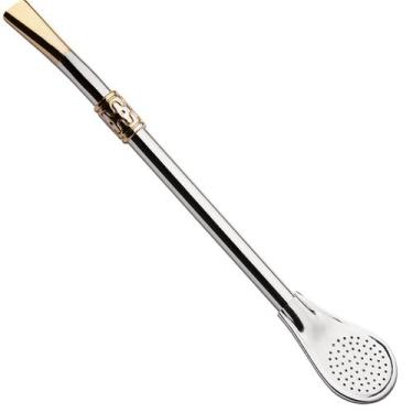 Imagem de Bomba De Chimarrão Bocal Dourado Ferro Cinza Bojo Pera 19cm - Taumer