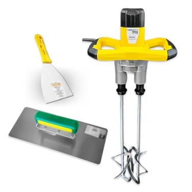 Imagem de Misturador Mel 1800 Haste Dupla Para Tinta Gesso Argamassa Cimento + Desempenadeira Galo 113/01 + Espátula Inoxidável Evolution 10 cm (4") Profissional Kit - 220V