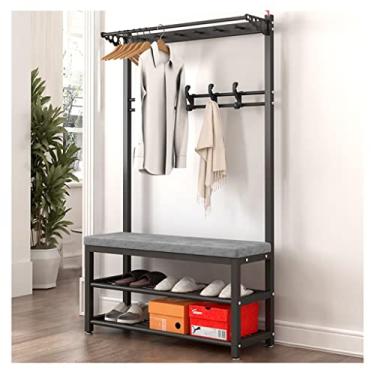 Imagem de Cabideiro, sapateira, 4 em 1, árvore com banco e armazenamento de sapatos para entrada, suporte resistente, suporte para casacos, móveis industriais, com moldura de metal