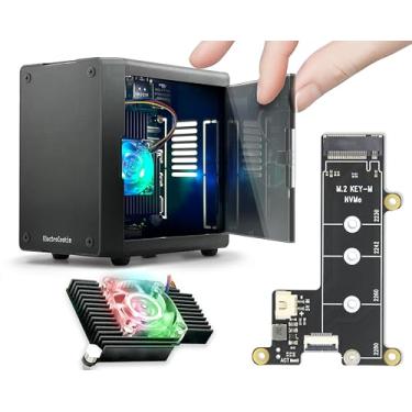 Imagem de ElectroCookie Mini capa de PC para Raspberry Pi 5 com M.2 NVMe SSD PCIe HAT e cooler de iluminação RGB ativo (capa preta + chapéu M.2 [X1001])