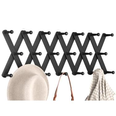 Imagem de Optish Cabide de parede sanfonado com 20 pinos, suporte de parede expansível, suporte de madeira para parede, cabides de chapéu para pendurar casaco, bolsa, caneca (preto)