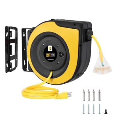 Imagem de EP Carretel de Cabo de Extensão Retrátil, Cabo de Alimentação Resistente de 75 Pés 14 Awg/3C Sjtow, Disjuntor de 10 A, 3 Tomadas Triplas Iluminadas, Montagem No Teto Ou Na Parede para Uso Interno/Exte