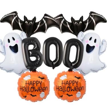 Imagem de Conjunto de 9 balões pretos Boo, balões fantasma e morcego, balões de folha de abóbora para suprimentos assustadores de festa de Halloween
