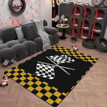 Imagem de Tapete de área com bandeira de carro de corrida, 7,5 x 12,5 cm, quadriculado, preto e branco, para meninas, meninos, crianças, adultos, tema de carro de corrida, tapete para sala de estar, grade