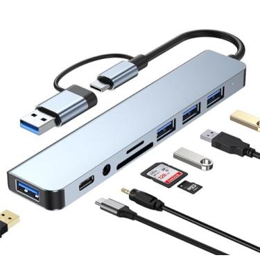 Imagem de Hub USB C 3.0, divisor USB 8 em 1 de alumínio VIENON com 1 USB 3.0, 3 USB 2.0 e 1 leitor de cartão USB C, SD/TF, portas auxiliares de 3,5 mm para MacBook Pro Air e mais dispositivos PC/laptop/tablet