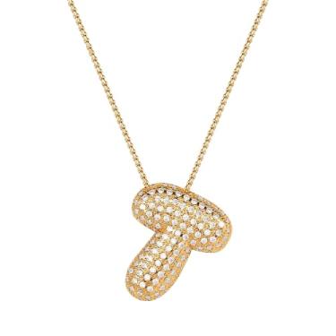 Imagem de Mint & Lily Colar feminino com inicial de ouro Pave Bubble – banhado a ouro 18K sobre latão com corrente delicada, presente para mulheres, Latão, Sem Pedra Preciosa
